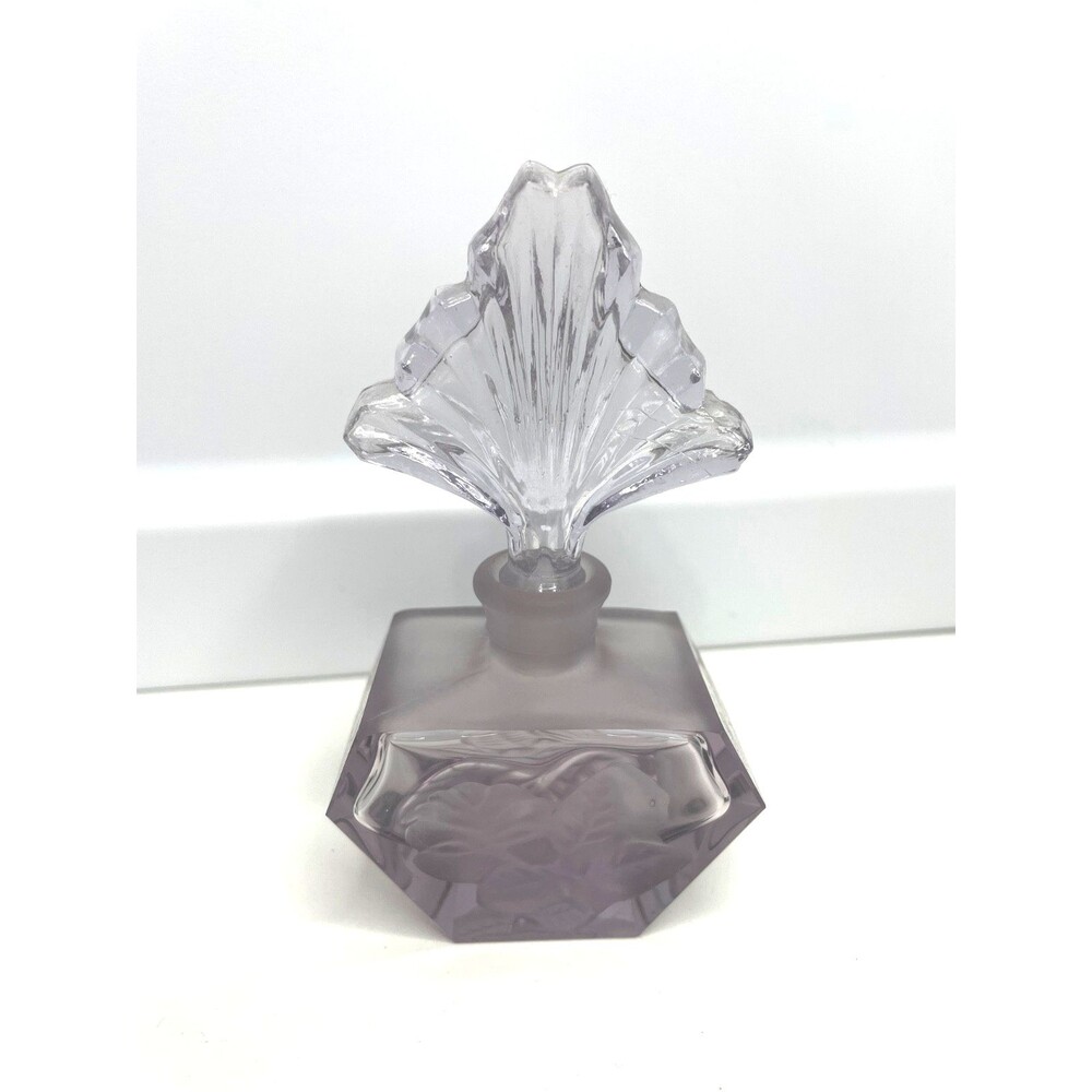 Vintage Etched Flower Cut Crystal Glass Perfume Bottle Multifaceted purple 4.5"H